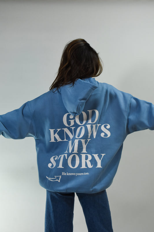 God Knows My Story Embroidery Unisex Hoodie Blue